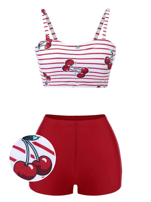 Red 1950s Striped Cherry Strap Swimsuit