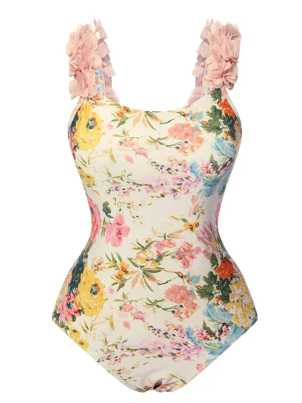 Multicolor 1950s 3D-Flowers Spaghetti Straps Swimsuit