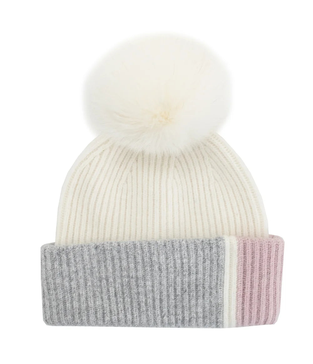 Colorblock 3 Tone Beanie w/ Fur PomPoms