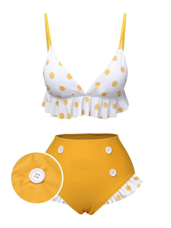 Yellow 1940s Polka Dot Ruffle Swimsuit