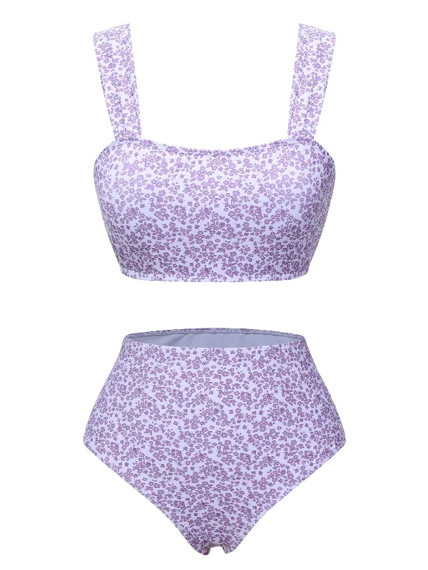 Lavender 1950s Floral Wide Strap Swimsuit