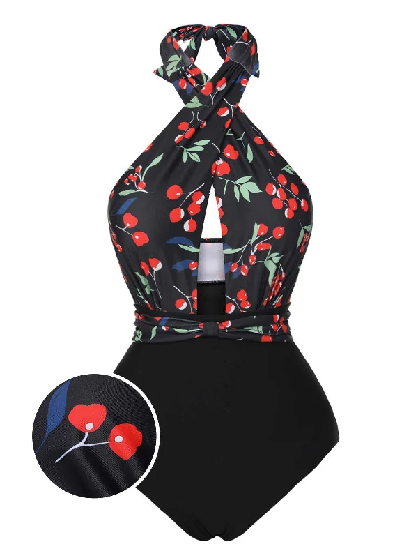 Black 1950s Cross Halter Cherry Swimsuit