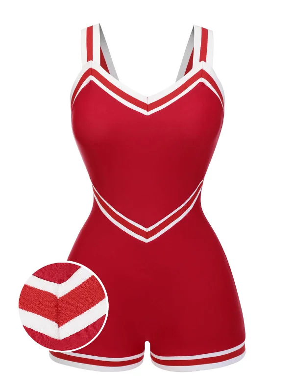 Red 1940s Solid Patchwork V-Neck Swimsuit