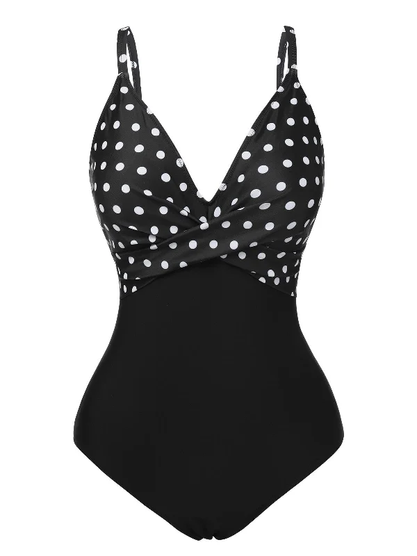 Black 1930s Polka Dots One-Piece Swimsuit