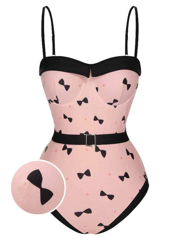 Pink 1950s Bow Polka Dots Print One-Piece Swimsuit