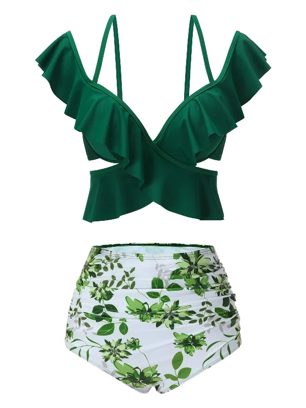 Green 1940s Ruffles Floral Spaghetti Strap Swimsuit