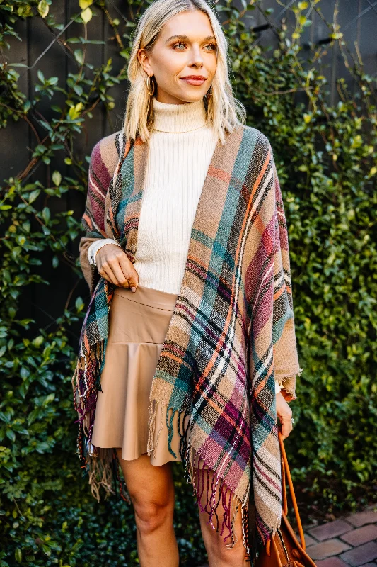 Once In A While Brown Plaid Poncho