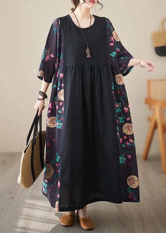 Loose Black Print Patchwork Long Dresses Half Sleeve