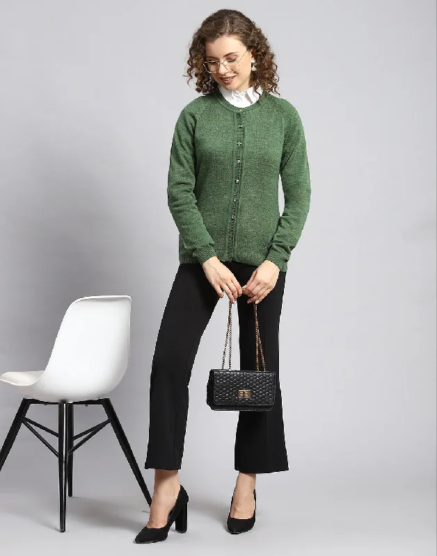 Women Green Solid Round Neck Full Sleeve Cardigan