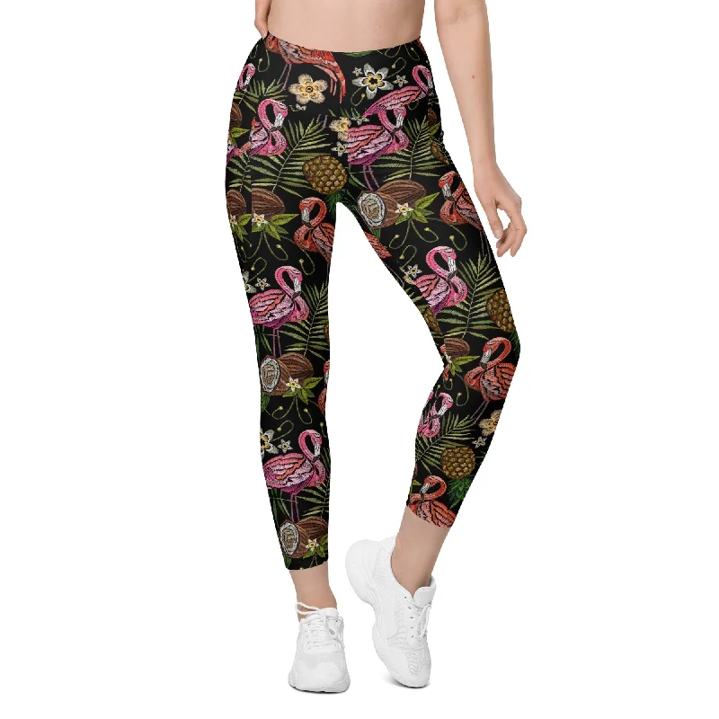 Embroidery Flamingo Leggings With Pockets