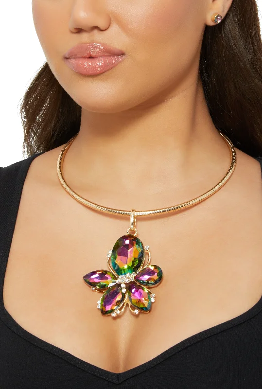 Rhinestone Flower Statement Necklace and Earrings Set