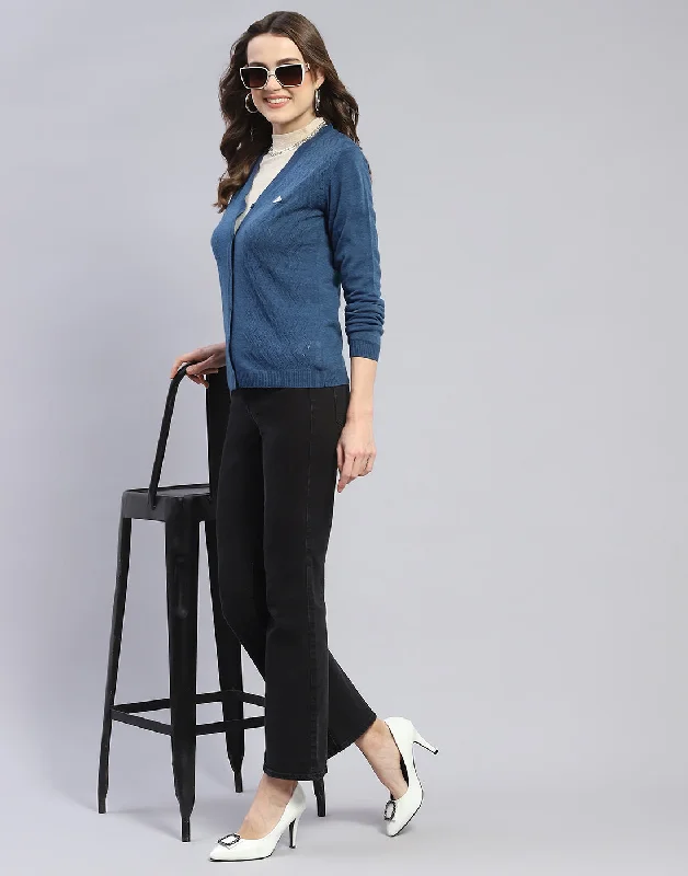 Women Blue Self Design V Neck Full Sleeve Cardigan