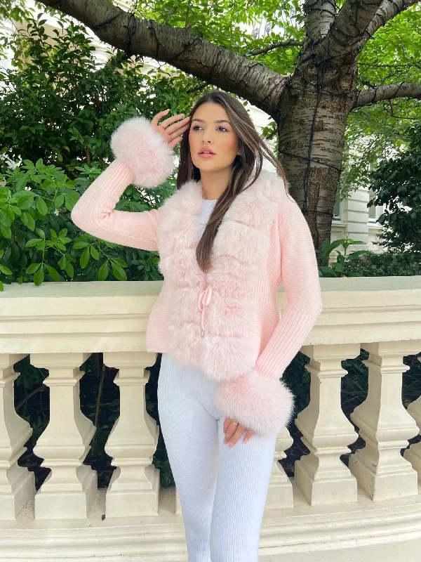 Pink Premium Faux Fur Trimmed Cardigan