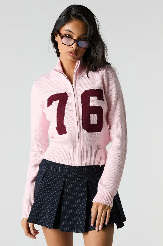 Number Embroidered Zip-Up Sweater