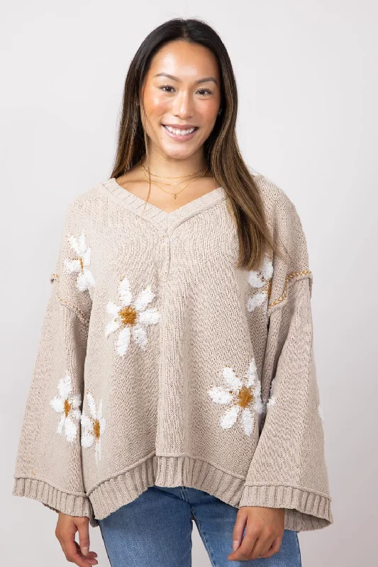 Miracle V Neck White Floral Sweater for Women in Taupe | 7418-TAUPE