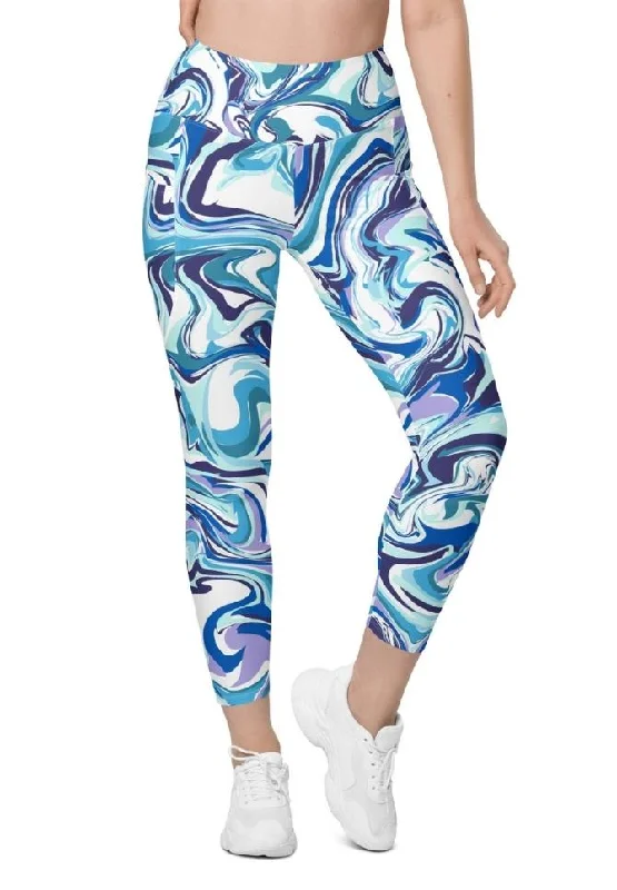 Vibrant Blue Marble Leggings With Pockets