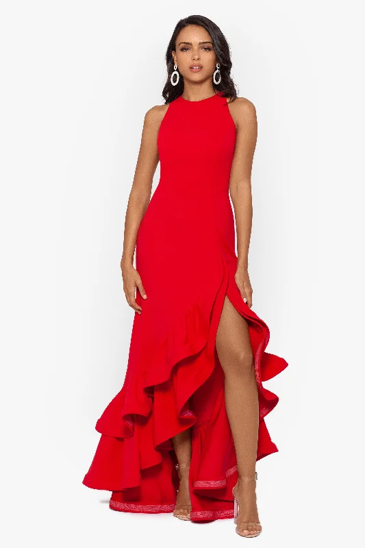 "Arielle" Scuba Crepe Ruffle Slit Gown