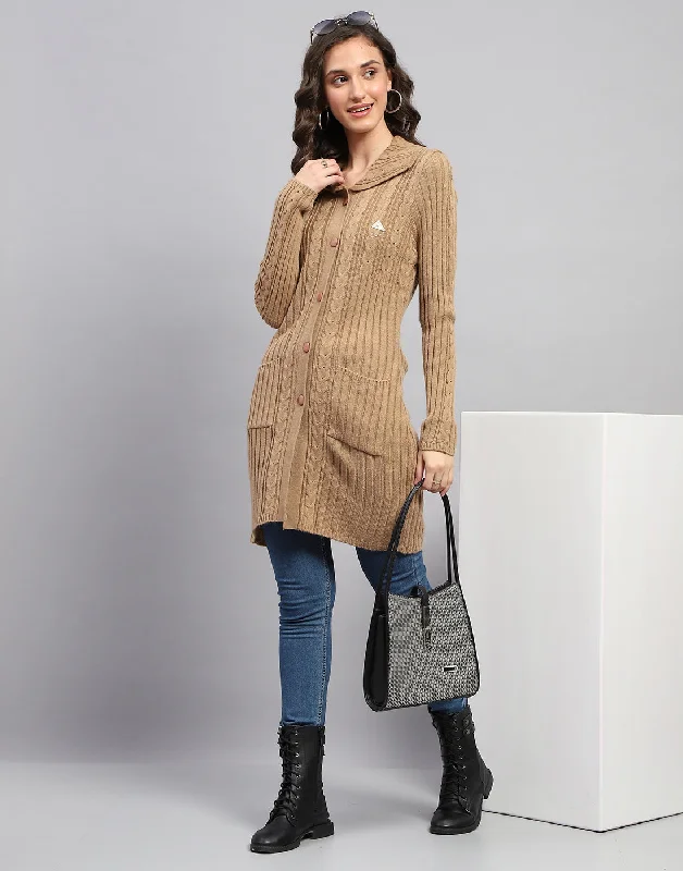 Women Brown Self Design Collar Full Sleeve Cardigan