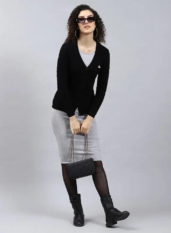 Women Black Self Design Wool blend Cardigan