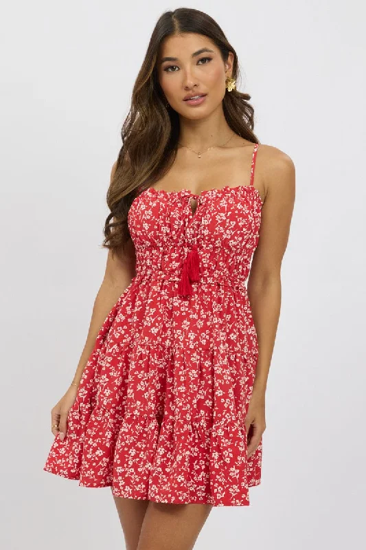 Red Ditsy Fit And Flare Dress Mini