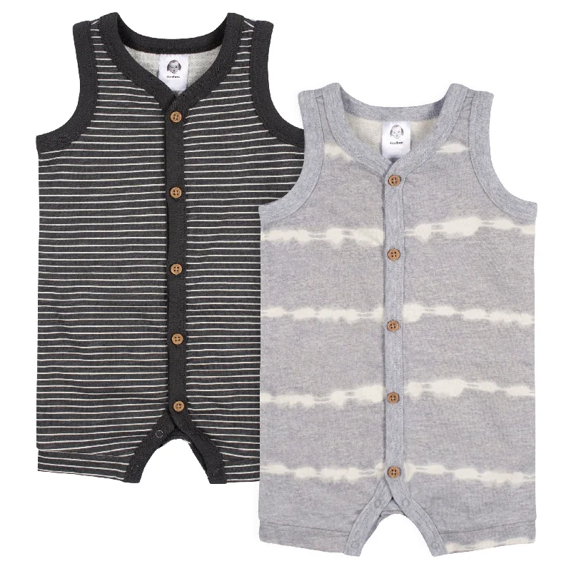 2-Pack Baby Boys Heather Gray Tie Dye & Striped Short Leg Sleeveless Romper