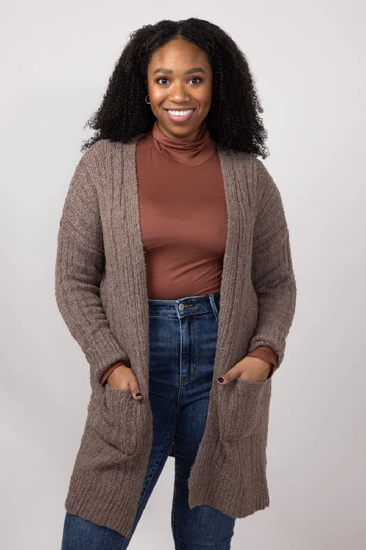 Ribbed Cardigan with Pockets for Women in Heather Mocha Bisque | LF2S43562-MOC