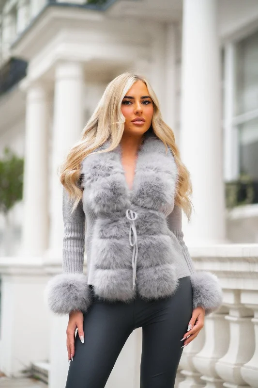 Grey Premium Faux Fur Trimmed Cardigan