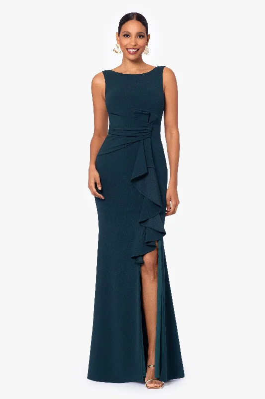 "Christine" Scuba Crepe Ruffled Bow Gown