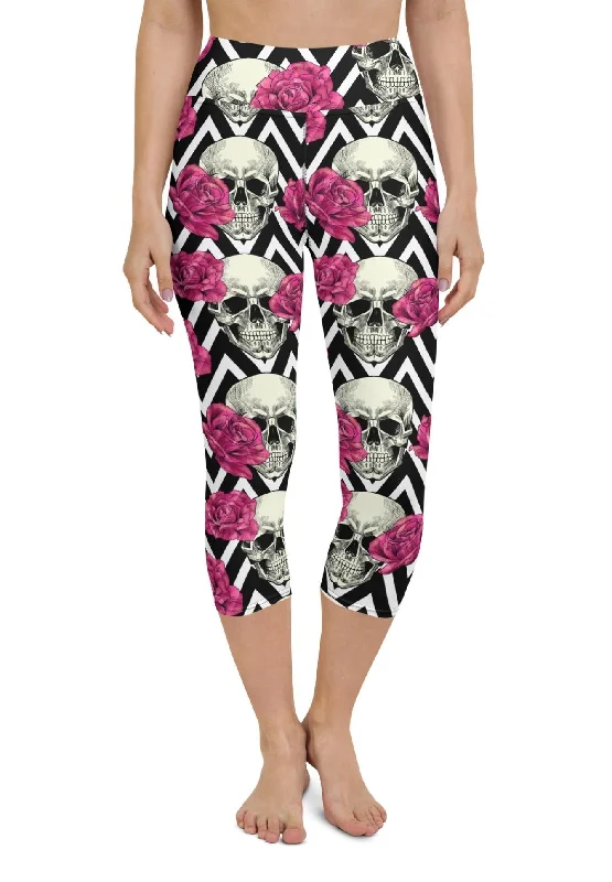 Pink Roses and Skulls Yoga Capris