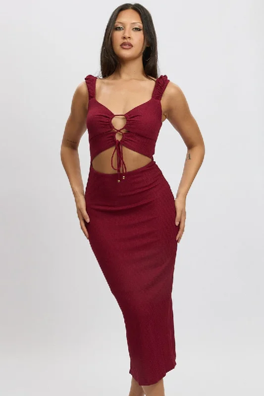 Red Bodycon Dress Textured Midi