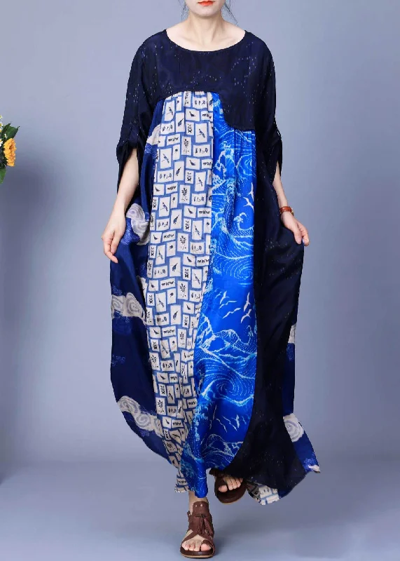 Italian Blue O Neck Print Patchwork Silk Long Dresses Summer