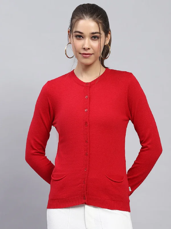 Women Red Solid Round Neck Full Sleeve Cardigan