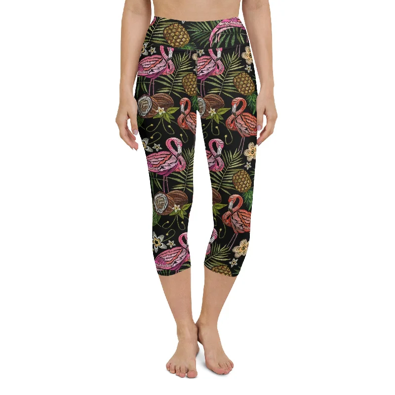 Embroidery Flamingo Yoga Capris