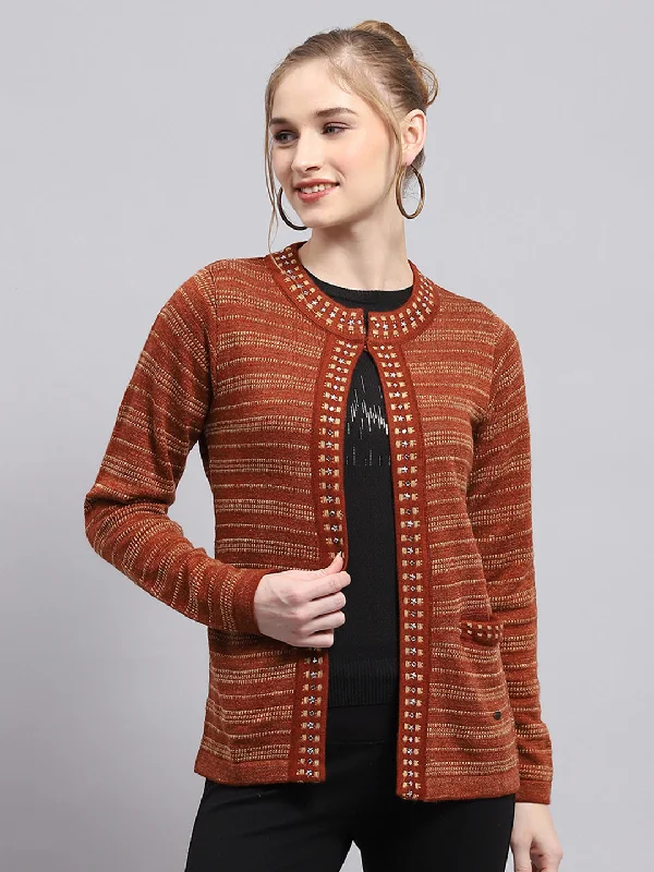 Women Rust Stripe Round Neck Full Sleeve Cardigan