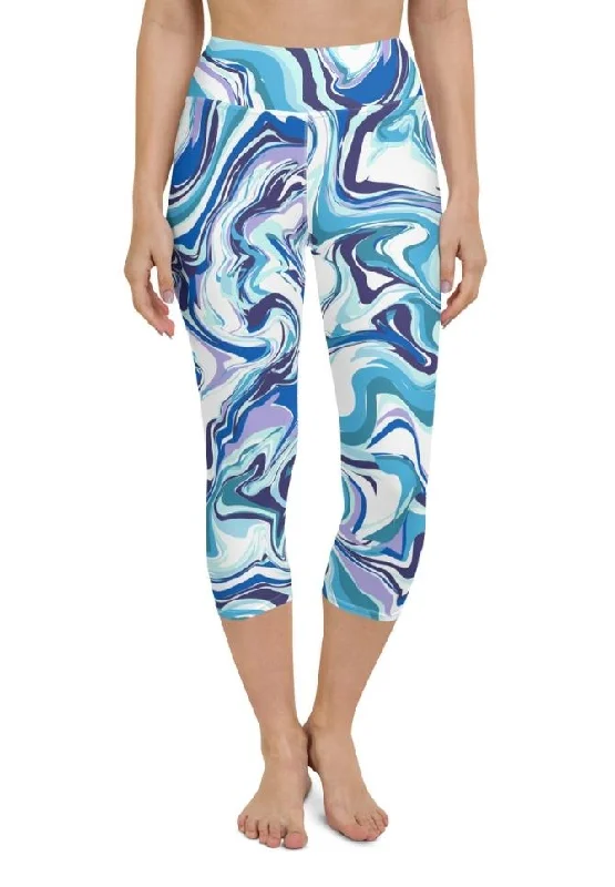 Vibrant Blue Marble Yoga Capris