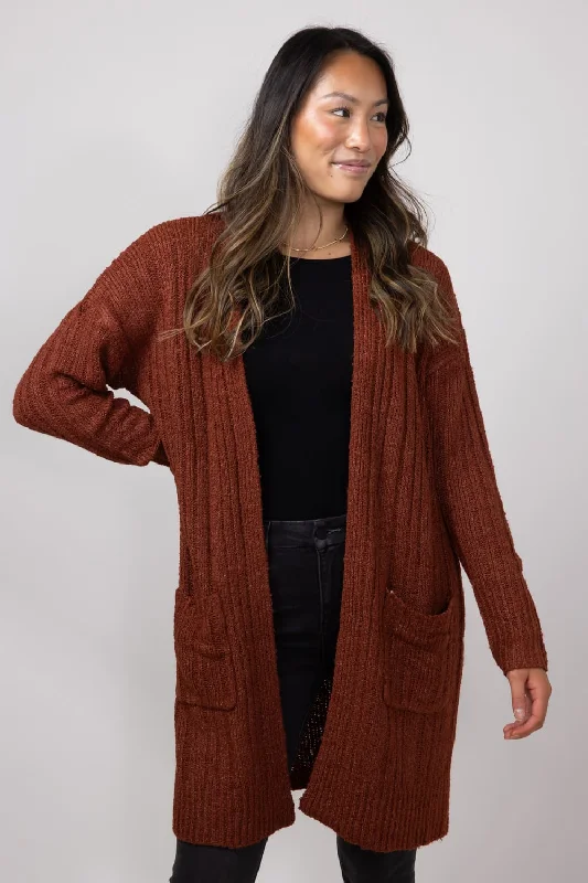 Ribbed Cardigan with Pockets for Women in Terracotta | LF2S43562-TER