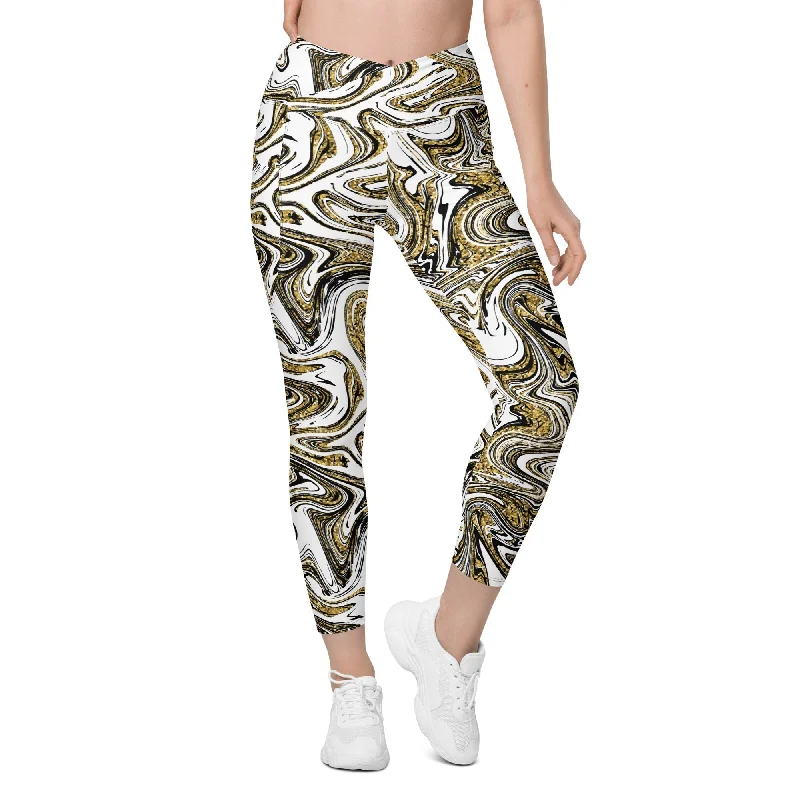 Glitter Print Marble Crossover Leggings With Pockets