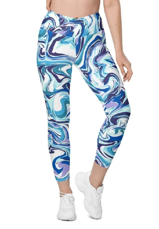 Vibrant Blue Marble Crossover Leggings With Pockets