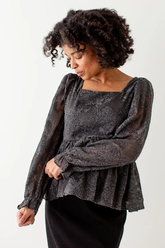 'Rhapsody' Square Neck Textured Peplum Top in Charcoal