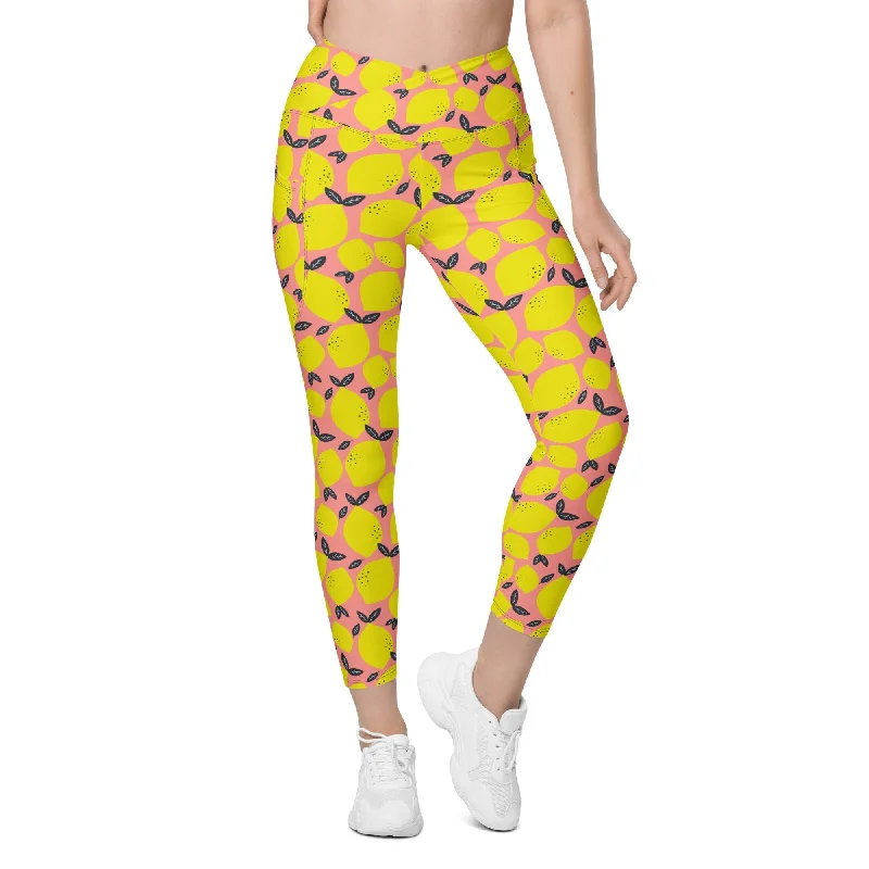 Cute Lemon Crossover Leggings With Pockets