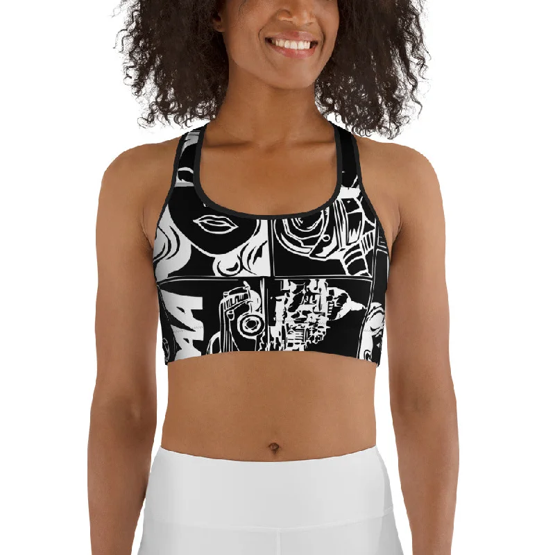 White & Black Comic Book Sports Bra