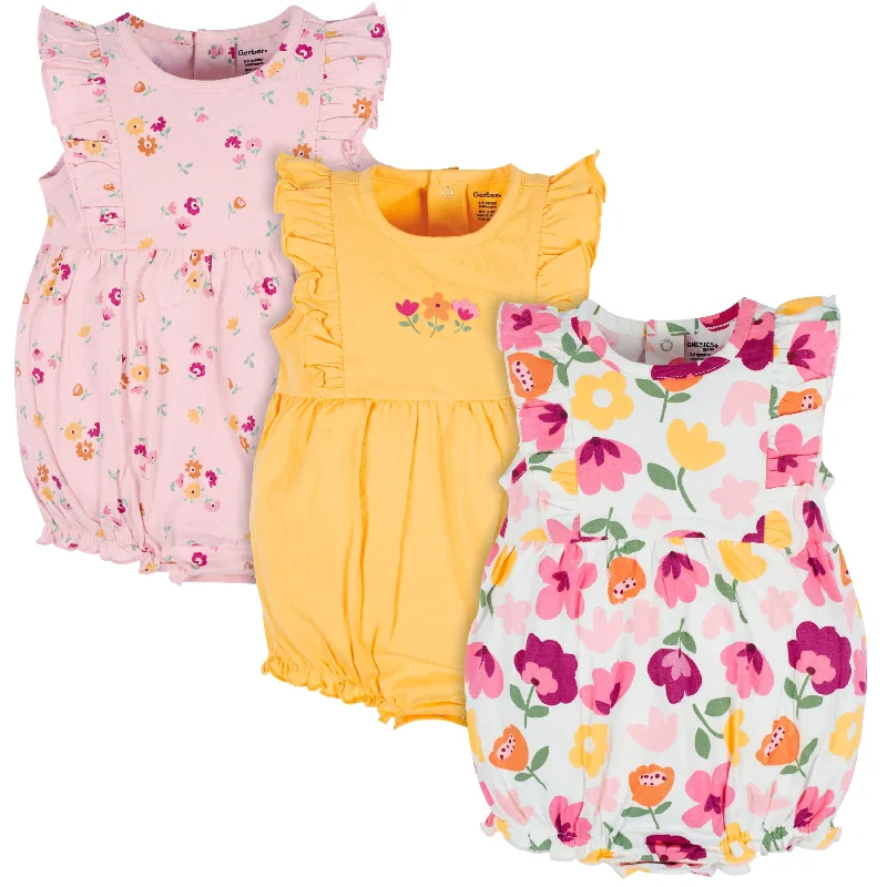 3-Pack Baby Girls Floral Fox Rompers