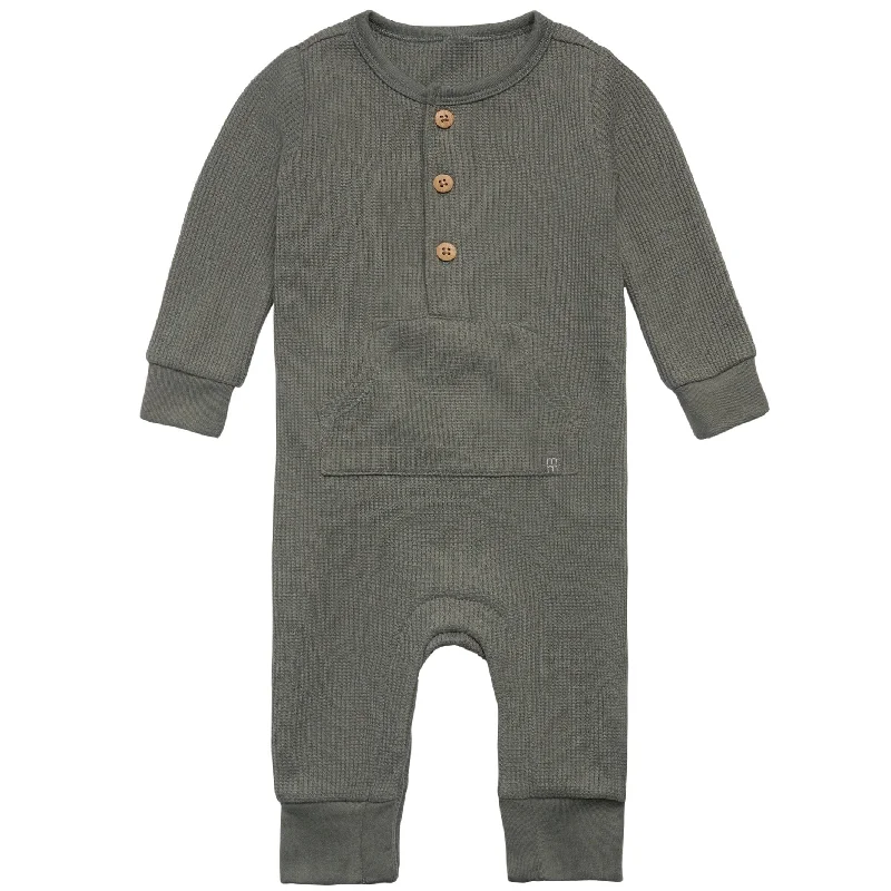 Baby Boys Dark Green Kangaroo Pocket Waffle Romper