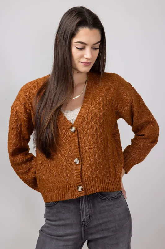 Mixed Pattern Button Front Cable Knit Cropped Cardigan for Women in Cinnamon | LF2S43466-CIN