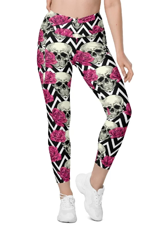 Pink Roses and Skulls Crossover Leggings With Pockets