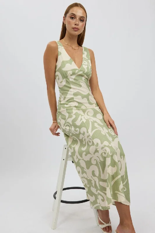 Green Abstract Midi Dress V Neck Sleeveless