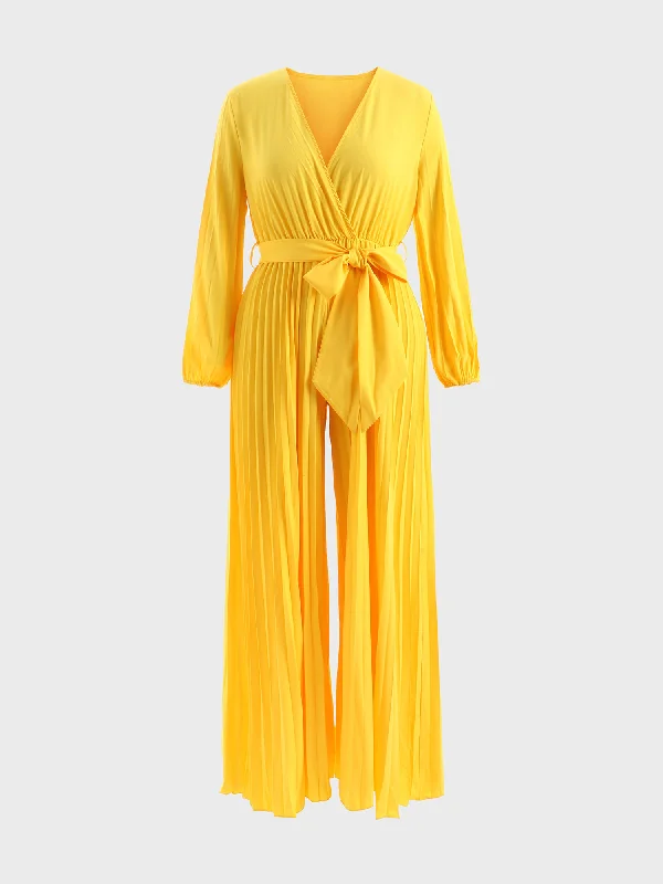 Midsize Flowy Pleated Deep-V Jumpsuit