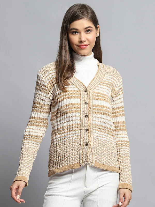 Women Beige Stripe V Neck Full Sleeve Cardigan