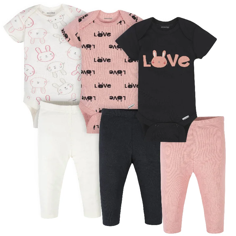 6-Piece Baby Girls Bunny Onesies® Brand Bodysuits & Pants Set