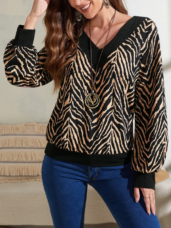 Casual Zebra Stripe Long Sleeve V Neck Regular Women Sweatshirt